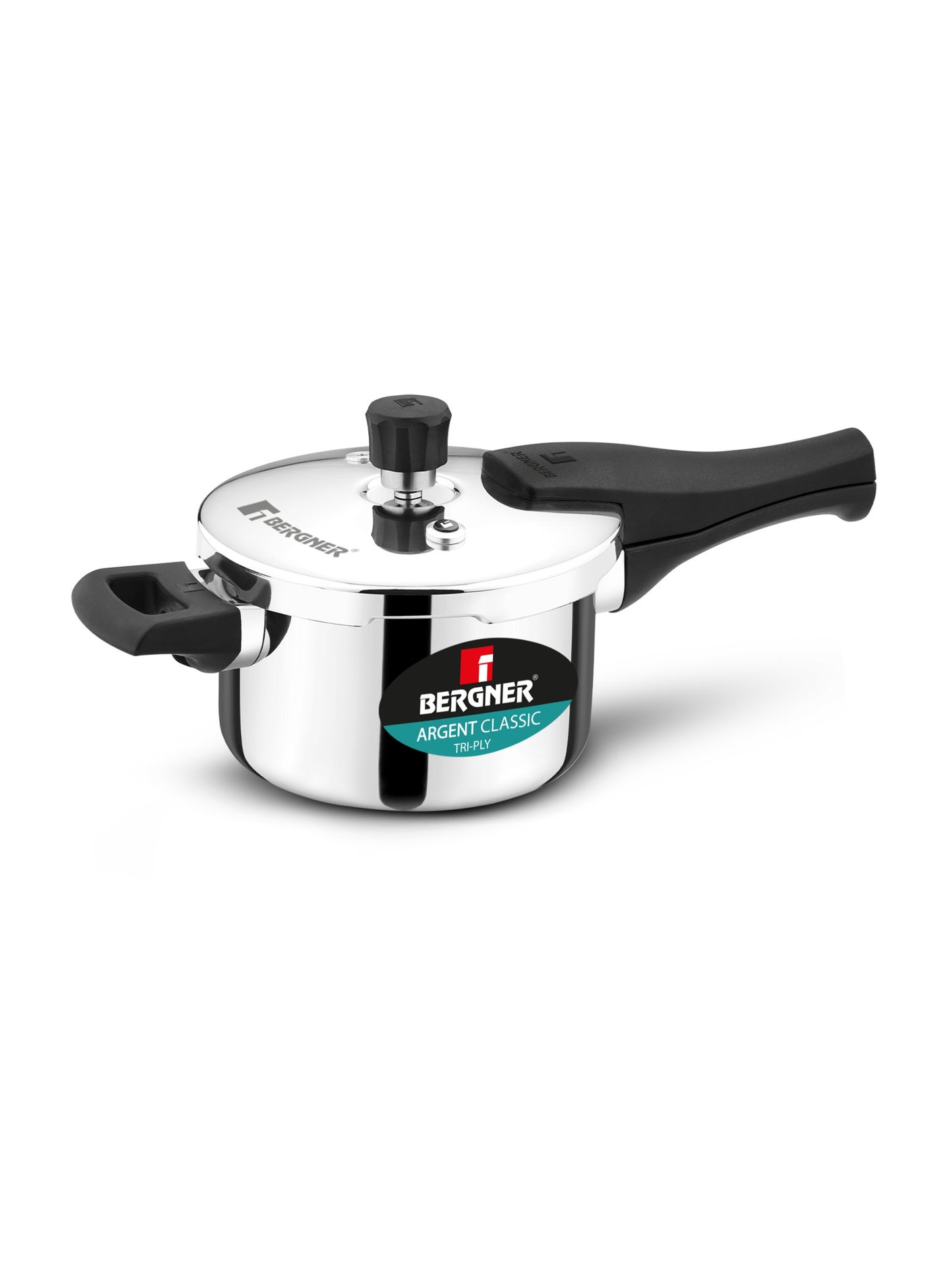 2.5Liters Bergner Argent Classic 2.5L Triply Stainless Steel Pressure Cooker Pan with Outer Lid, Resettable Safety Valve, Sturdy Handle, Fast & Even Healthy Cooking, Durable, Induction & Gas Compatible silver